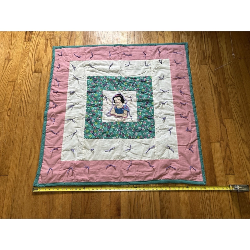 Handmade Snow White Baby Quilt 45x45 Tied Quilt Pink Green Nursery